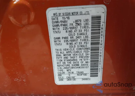 2017 Nissan Rogue Sv z USA, uszkodzony, nr VIN JN8AT2MV3HW256157